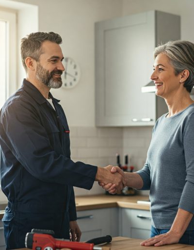 un instalador autonomo dandole la mano a un cliente satisfecho